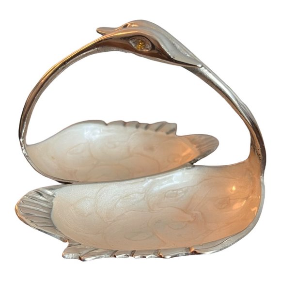 Vintage Stainless Double Swan Pearl Like Inside Bowl Trinket Candy Dish 4.25" - Picture 3 of 5